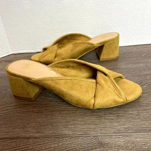 Cabi Marigold Mule‎ Sandals Women's 7 Yellow Slip On Peep Toe Block Heel Shoes